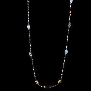 Vintage Art Glass Beads With Silver Tone Chain Necklace (4865)